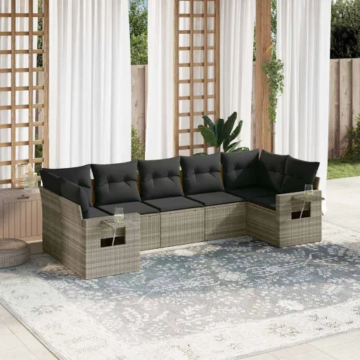 Conj. Sofás Jardim com Almofadões Vime PE Cinzento-Claro (7 pcs)