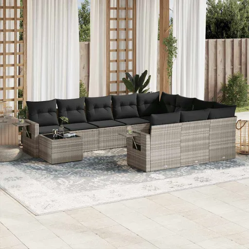 Conjunto Sofás de Jardim c/ Almofadões Vime PE Cinzento (11 pcs)