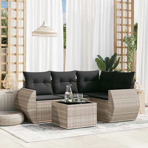 Conj. Sofás Jardim c/ Almofadões Vime PE Cinzento-Claro (5 pcs)