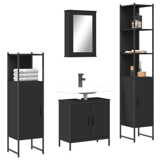 Conjunto Móveis Casa de Banho Derivados de Madeira Preto (4 pcs)