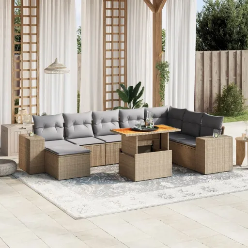 Conjunto de Sofás p/ Jardim com Almofadões Vime PE Bege (9 pcs)
