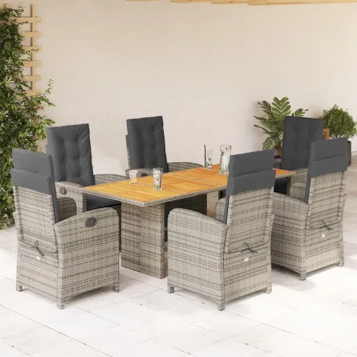 Conjunto de Jantar p/ Jardim c/ Almofadões Vime PE Cinza (7 pcs)