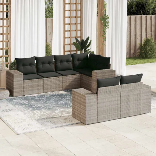 Conj. Sofás Jardim com Almofadões Vime PE Cinzento-Claro (7 pcs)