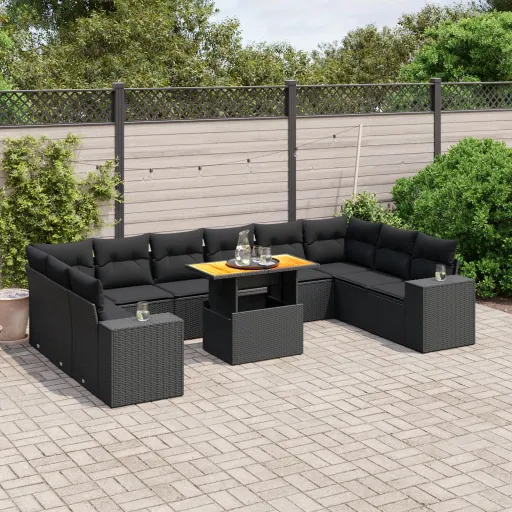Conjunto Sofás de Jardim c/ Almofadões Vime PE Preto (11 pcs)