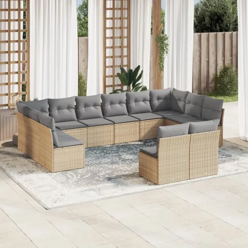 Conjunto de Sofás p/ Jardim com Almofadões Vime PE Bege (12 pcs)