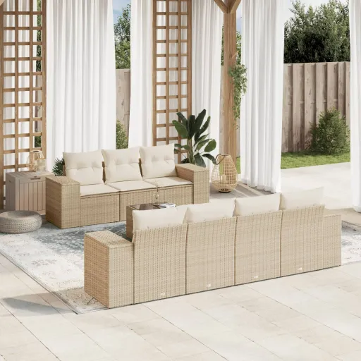 Conjunto de Sofás p/ Jardim com Almofadões Vime PE Bege (8 pcs)