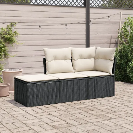 Conjunto Sofás de Jardim com Almofadões Vime PE Preto (3 pcs)