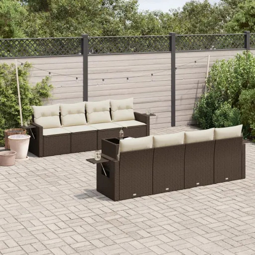 Conjunto Sofás p/ Jardim c/ Almofadões Vime PE Castanho (9 pcs)