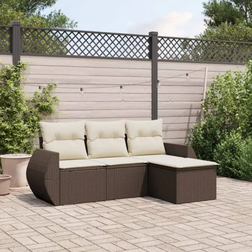 Conjunto Sofás de Jardim c/ Almofadões Vime PE Castanho (4 pcs)