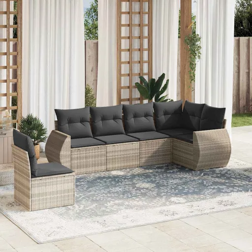 Conj. Sofás Jardim com Almofadões Vime PE Cinzento-Claro (6 pcs)