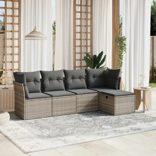 Conj. Sofás Jardim c/ Almofadões Vime PE Cinzento-Claro (5 pcs)