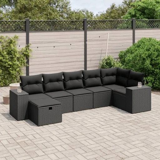 Conjunto de Sofás p/ Jardim c/ Almofadões Vime PE Preto (7 pcs)