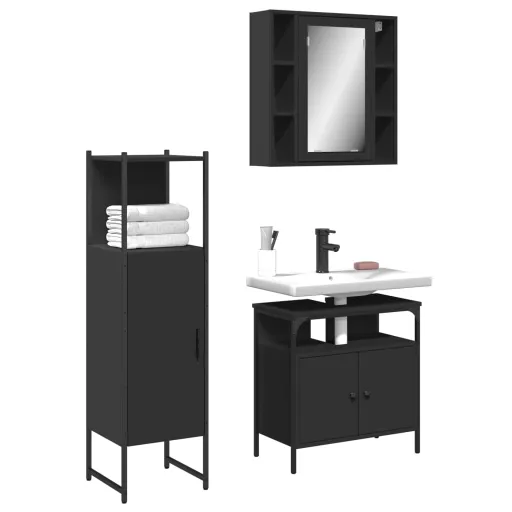 Conjunto Móveis Casa de Banho Derivados de Madeira Preto (3 pcs)