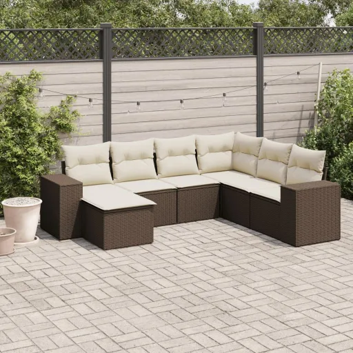 Conjunto de Sofás Jardim c/ Almofadões Vime PE Castanho (7 pcs)