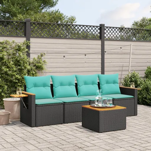 Conjunto de Sofás p/ Jardim c/ Almofadões Vime PE Preto (5 pcs)