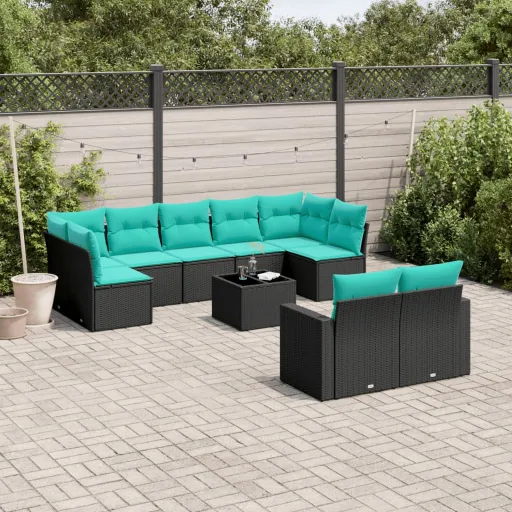 Conjunto de Sofás p/ Jardim c/ Almofadões Vime PE Preto (10 pcs)