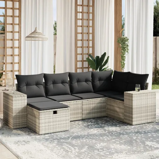 Conj. Sofás Jardim com Almofadões Vime PE Cinzento-Claro (6 pcs)