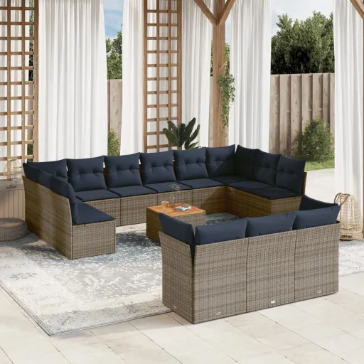Conjunto Sofás p/ Jardim c/ Almofadões Vime PE Cinzento (14 pcs)