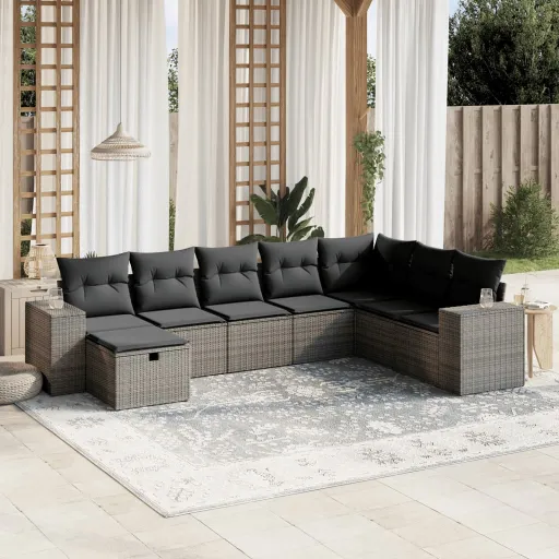 Conjunto Sofás de Jardim c/ Almofadões Vime PE Cinzento (8 pcs)