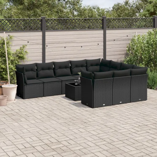 Conjunto Sofás de Jardim c/ Almofadões Vime PE Preto (11 pcs)