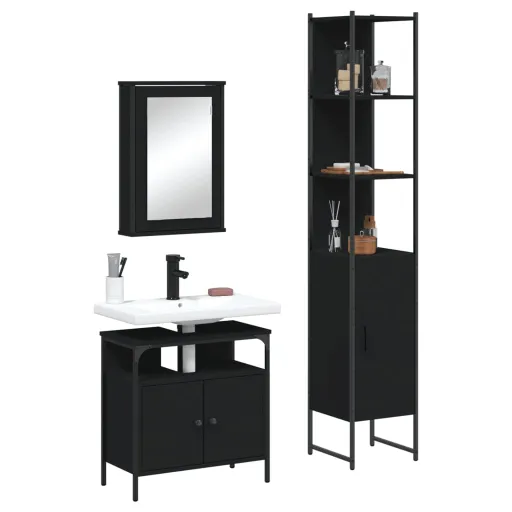 Conjunto Móveis Casa de Banho Derivados de Madeira Preto (3 pcs)
