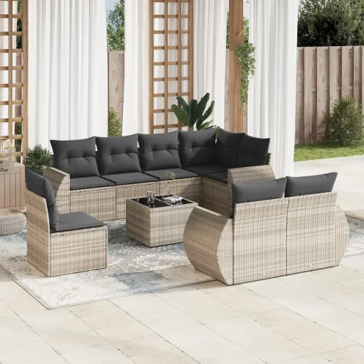 Conj. Sofás Jardim com Almofadões Vime PE Cinzento-Claro (9 pcs)