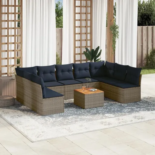 Conjunto Sofás p/ Jardim c/ Almofadões Vime PE Cinzento (10 pcs)