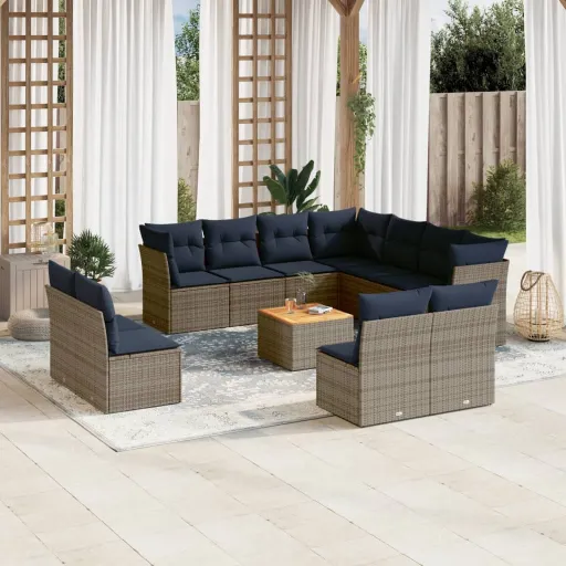 Conjunto Sofás p/ Jardim c/ Almofadões Vime PE Cinzento (12 pcs)