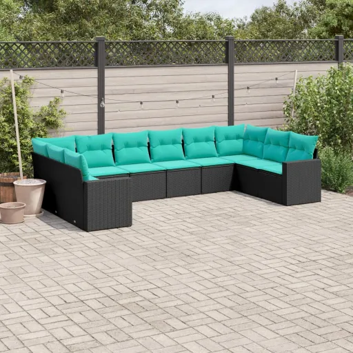 Conjunto de Sofás p/ Jardim c/ Almofadões Vime PE Preto (10 pcs)