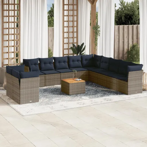 Conjunto Sofás p/ Jardim c/ Almofadões Vime PE Cinzento (12 pcs)