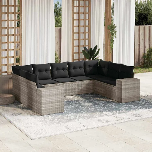 Conj. Sofás Jardim com Almofadões Vime PE Cinzento-Claro (9 pcs)