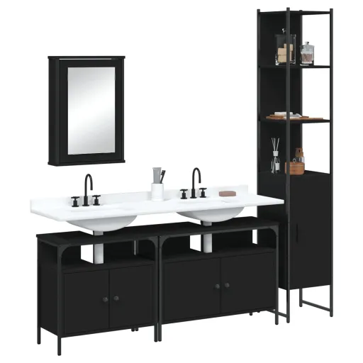 Conjunto Móveis Casa de Banho Derivados de Madeira Preto (4 pcs)