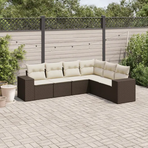 Conjunto de Sofás Jardim c/ Almofadões Vime PE Castanho (6 pcs)
