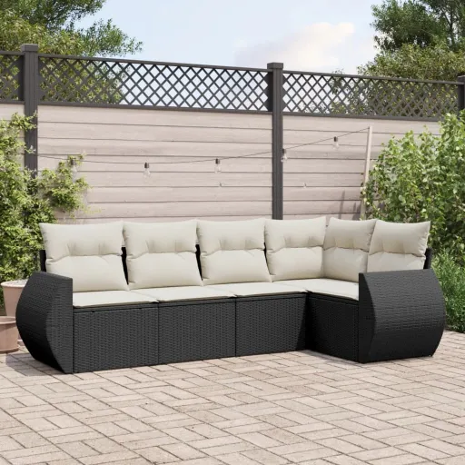 Conjunto Sofás de Jardim com Almofadões Vime PE Preto (5 pcs)