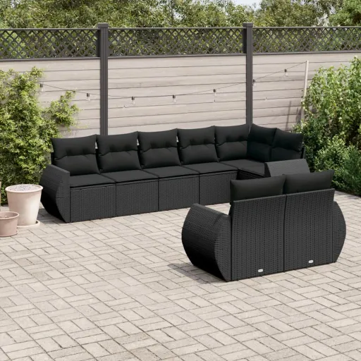 Conjunto Sofás de Jardim com Almofadões Vime PE Preto (8 pcs)