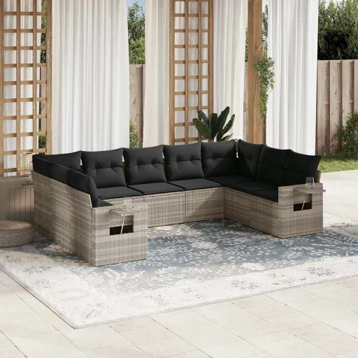 Conj. Sofás Jardim com Almofadões Vime PE Cinzento-Claro (9 pcs)