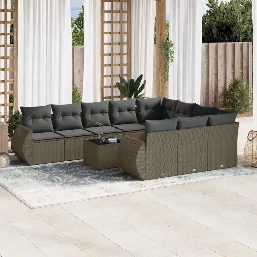 Conjunto Sofás de Jardim c/ Almofadões Vime PE Cinzento (11 pcs)