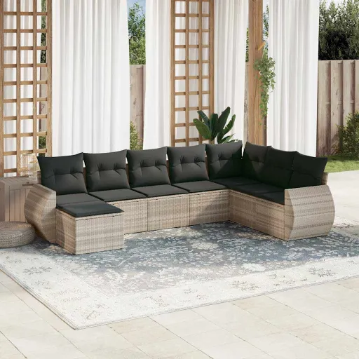 Conj. Sofás Jardim c/ Almofadões Vime PE Cinzento-Claro (8 pcs)