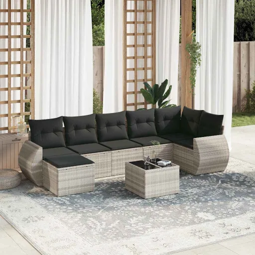 Conj. Sofás Jardim c/ Almofadões Vime PE Cinzento-Claro (8 pcs)