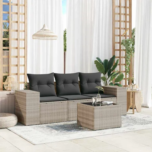 Conj. Sofás Jardim c/ Almofadões Vime PE Cinzento-Claro (4 pcs)