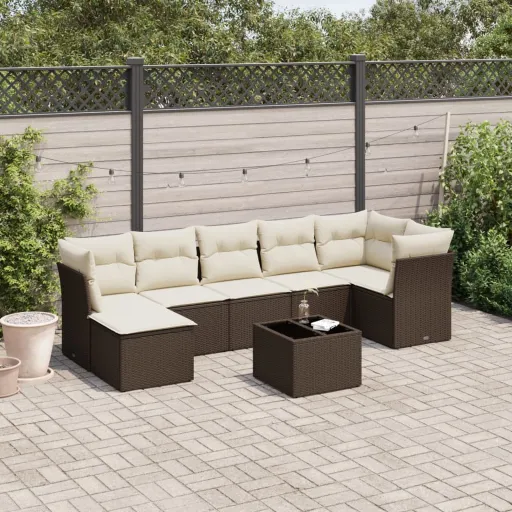 Conjunto Sofás de Jardim c/ Almofadões Vime PE Castanho (8 pcs)