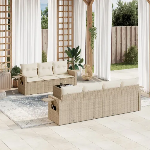 Conjunto de Sofás p/ Jardim com Almofadões Vime PE Bege (8 pcs)