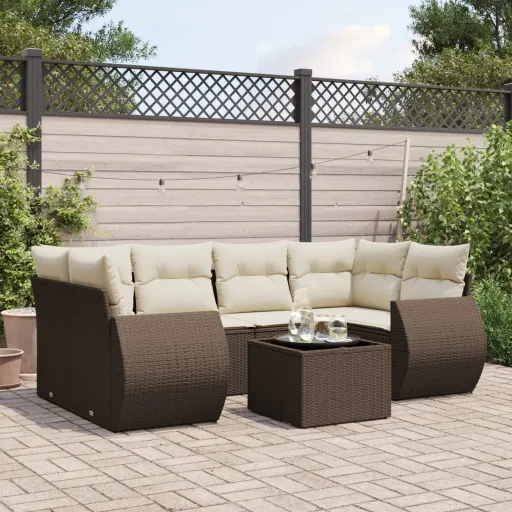 Conjunto de Sofás Jardim c/ Almofadões Vime PE Castanho (7 pcs)