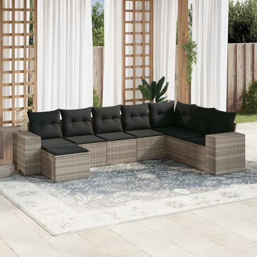 Conj. Sofás Jardim c/ Almofadões Vime PE Cinzento-Claro (8 pcs)