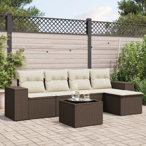 Conjunto de Sofás Jardim c/ Almofadões Vime PE Castanho (6 pcs)