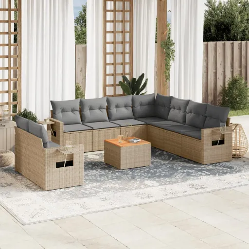 Conjunto de Sofás p/ Jardim com Almofadões Vime PE Bege (10 pcs)