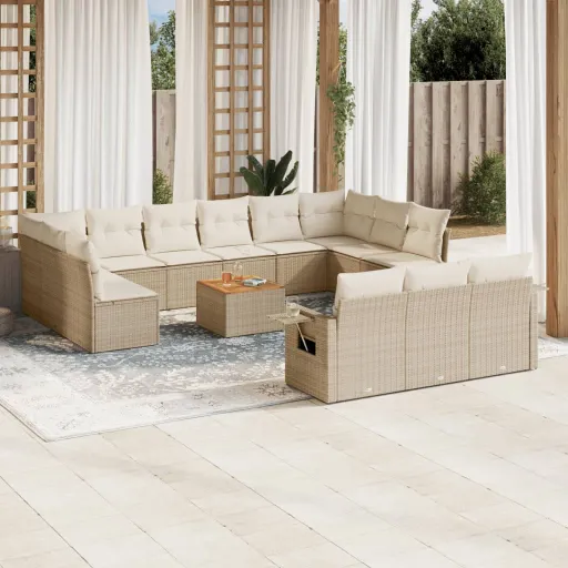 Conjunto de Sofás p/ Jardim com Almofadões Vime PE Bege (14 pcs)