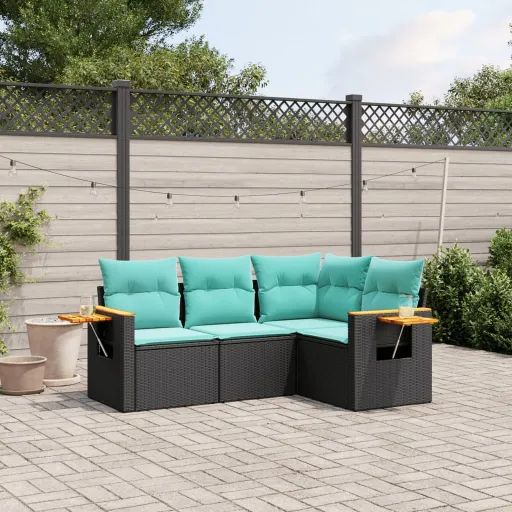 Conjunto de Sofás p/ Jardim c/ Almofadões Vime PE Preto (4 pcs)