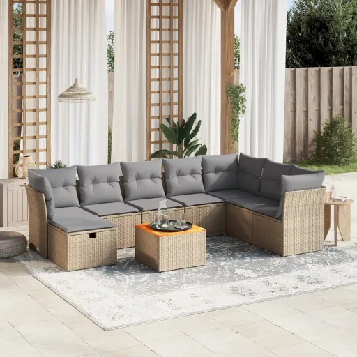 Conj. Sofás Jardim c/ Almofadões Vime PE Bege Misturado (9 pcs)