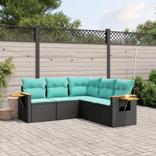 Conjunto de Sofás p/ Jardim c/ Almofadões Vime PE Preto (5 pcs)